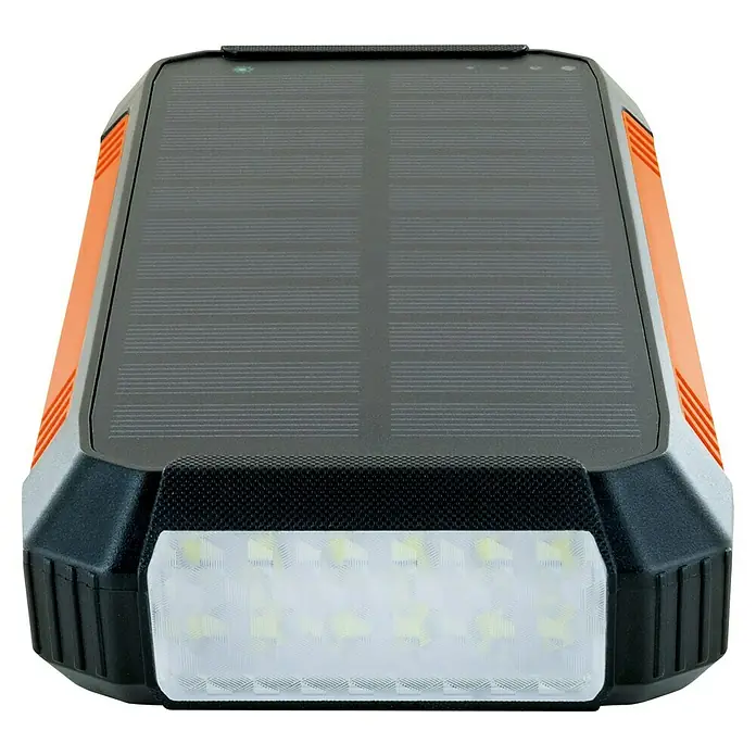 Schwaiger Solar-Powerbank - 100.000 Wh, Orange, Schwarz - Solarbetriebene Taschenlampe mit grauem Solarpanel, orange-grauem Gehäuse und weißer LED-Lichtleiste.