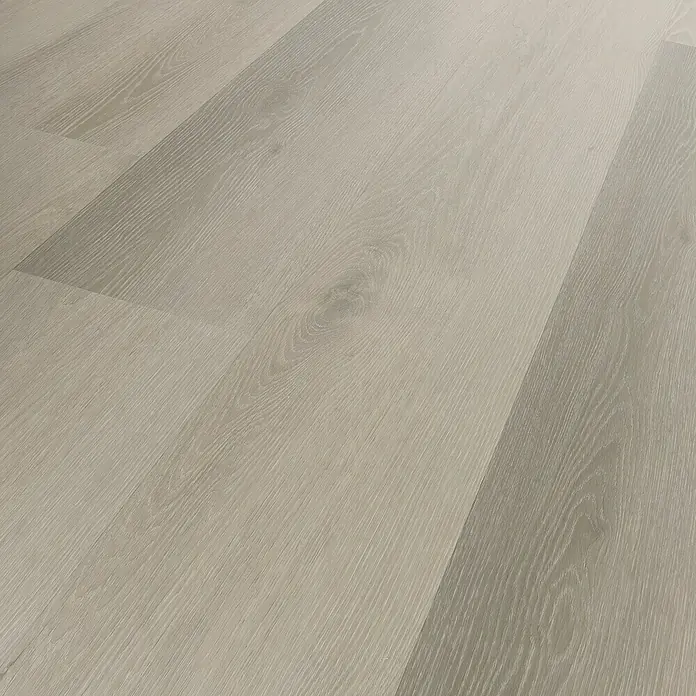 Fixed Vinylboden Plus - Teresina, Landhausdiele, 1.530 x 235 x 3 mm - Hellgraue Bodenplanken in Holzoptik mit feiner Maserung.