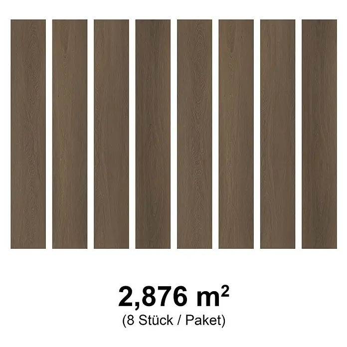 Fixed Vinylboden Plus - Brasilia, Landhausdiele, 1.530 x 235 x 3 mm - Acht braune Holz-Parkettplatten, 2,876 m² pro Paket.