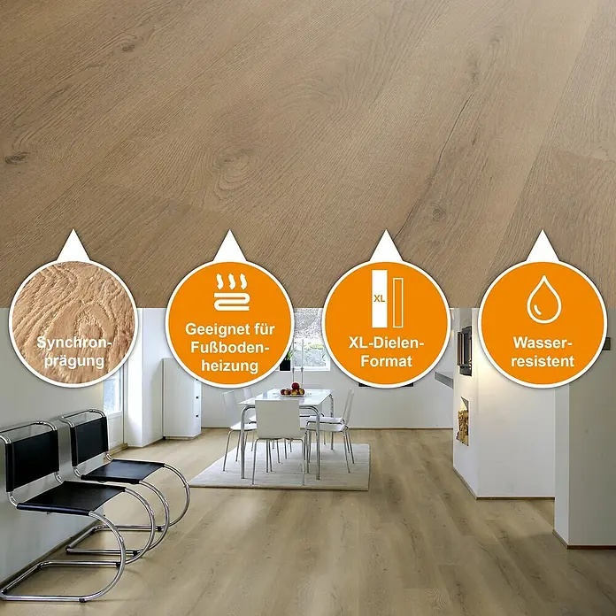 Fixed Vinylboden Plus - Horizonte, Landhausdiele, 1.530 x 235 x 3 mm - Heller Holzoptik-Boden in modernem Raum, mit Synchronprägung, Fußbodenheizungseignung, XL-Dielenformat und Wasserbeständigkeit.