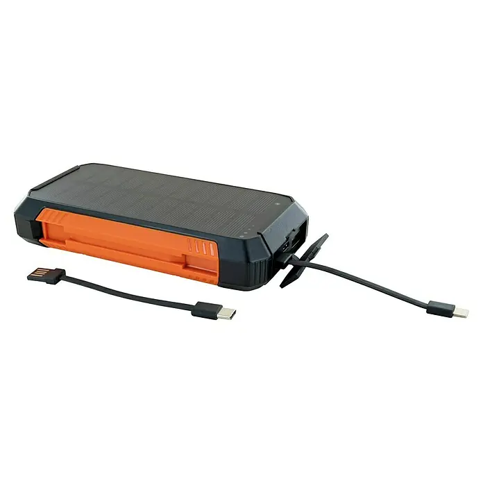 Schwaiger Solar-Powerbank - 100.000 Wh, Orange, Schwarz - Orange-schwarze Solar-Powerbank mit integriertem Multi-Anschluss-Ladekabel (USB, USB-C und Lightning).
