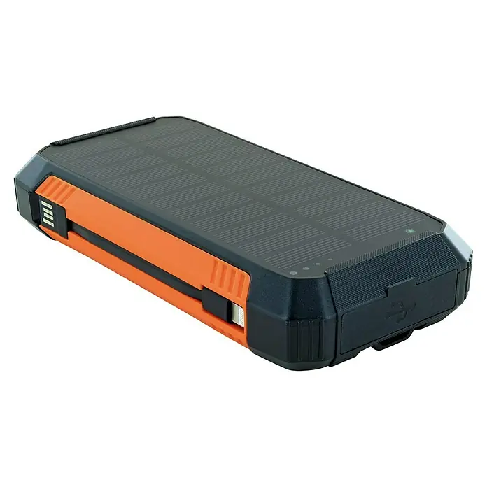 Schwaiger Solar-Powerbank - 100.000 Wh, Orange, Schwarz - Robustes orange-schwarzes Solar-Powerbank mit integriertem Solarpanel, Lightning-Kabel und USB-Ausgang.