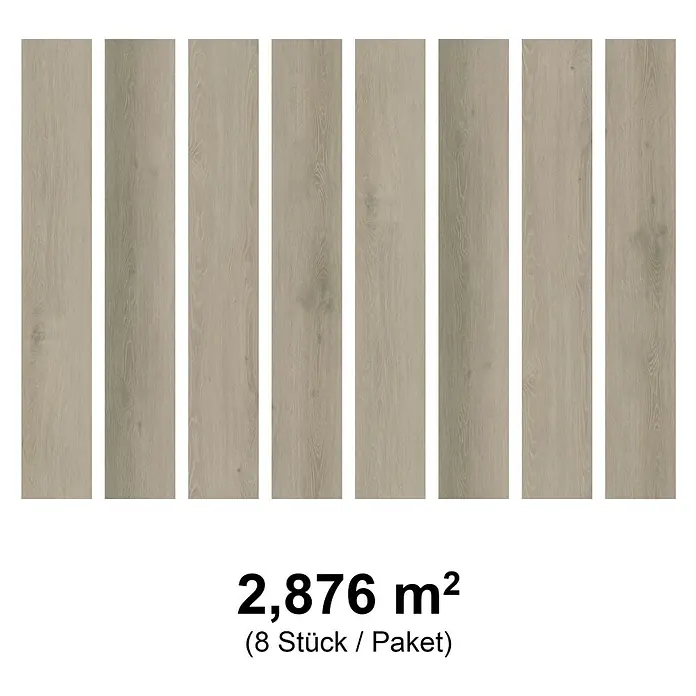 Fixed Vinylboden Plus - Teresina, Landhausdiele, 1.530 x 235 x 3 mm - Acht hellgraue Laminatpaneele in Holzoptik, die ihre natürliche Maserung zeigen.