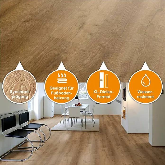 Fixed Vinylboden Plus - Eiche Rio, Landhausdiele, 1.530 x 235 x 3 mm - Naturbrauner Holzboden in einem modernen Zuhause. Merkmale wie Synchronprägung, XL-Dielen und Wasserbeständigkeit werden hervorgehoben.