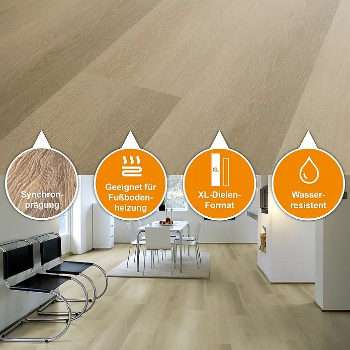 Fixed Vinylboden Plus - Belem, Landhausdiele, 1.530 x 235 x 3 mm - Helles Holzoptik-Boden mit natürlicher Maserung und XL-Dielen, für Fußbodenheizung geeignet und wasserresistent.