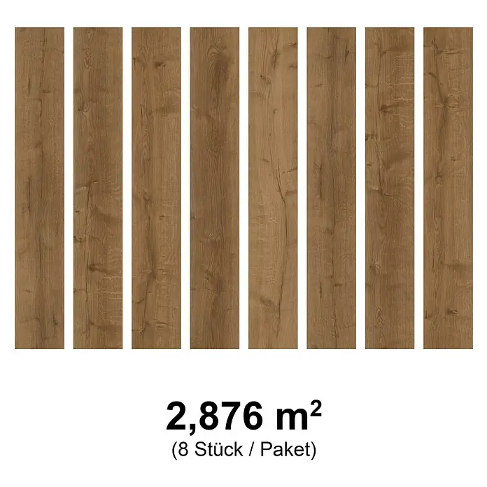 Fixed Vinylboden Plus - Eiche Rio, Landhausdiele, 1.530 x 235 x 3 mm - Acht braune Holzoptik-Dielen mit sichtbarer Maserung.
