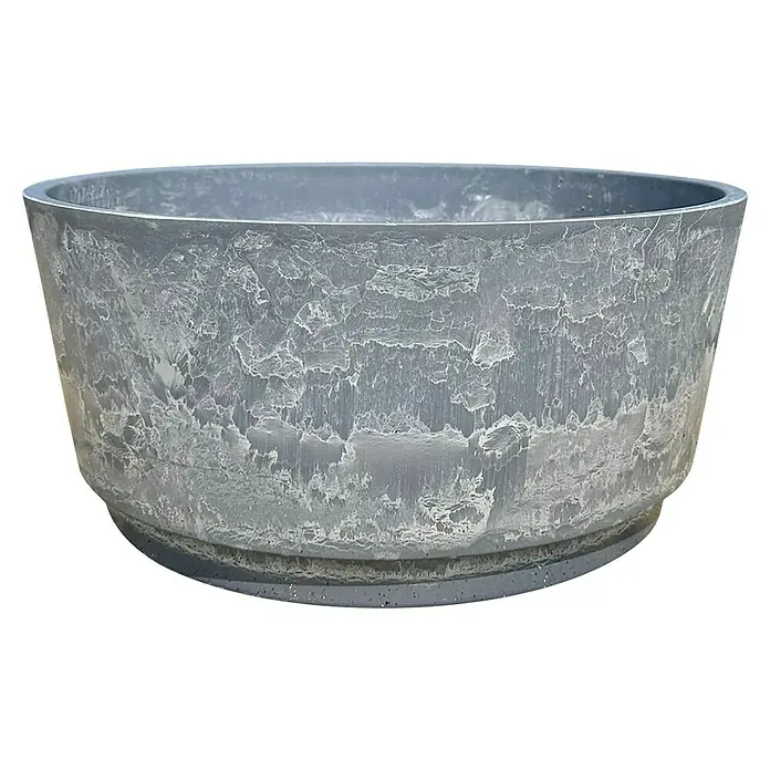 Heissner Zierbrunnen Solar Wassergarten Aquatopia - Hellgrau, Ø x H: 46 x 21 cm - Runder grauer Kunststoff-Pflanztopf mit strukturierter, verwitterter Oberfläche und Untersetzer.