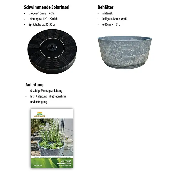 Heissner Zierbrunnen Solar Wassergarten Aquatopia - Hellgrau, Ø x H: 46 x 21 cm - Set für einen Wassergarten: schwarze schwimmende Solarfontäne, hellgraues Becken in Betonoptik und eine Wassergartenanleitung.