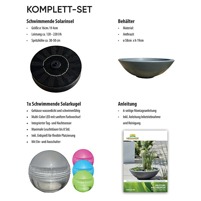 Heissner Gartenbrunnen Solar Wassergarten Lotusgarden (58 x 58 x 19 cm, Kunststoff, Anthrazit) | BAUHAUS