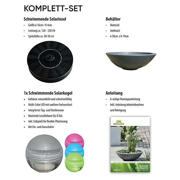 Heissner Zierbrunnen Solar Wassergarten Lotusgarden - Anthrazit, L x B x H: 58 x 58 x 19 cm - Komplettset für einen Wassergarten mit anthrazitfarbenem Becken, schwarzem Solar-Schwimmbrunnen und bunten LED-Solarkugeln.