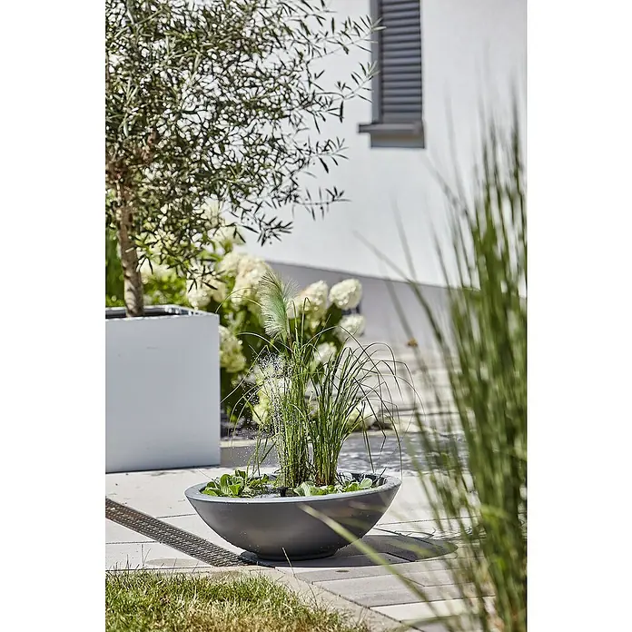Heissner Zierbrunnen Solar Wassergarten Lotusgarden - Anthrazit, L x B x H: 58 x 58 x 19 cm - Eine graue, schalenförmige Wasserschale mit integrierten Pflanzen und einem kleinen Springbrunnen, die eine Gartenterrasse verschönert.