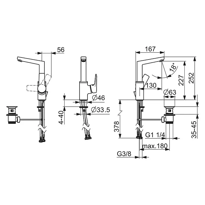 Hansa Twist Waschtischarmatur I - Mit Zugstange, Chrom, Glänzend - Technische Zeichnung eines Einhebelmischers mit allen wichtigen Maßen und Anschlussdetails.