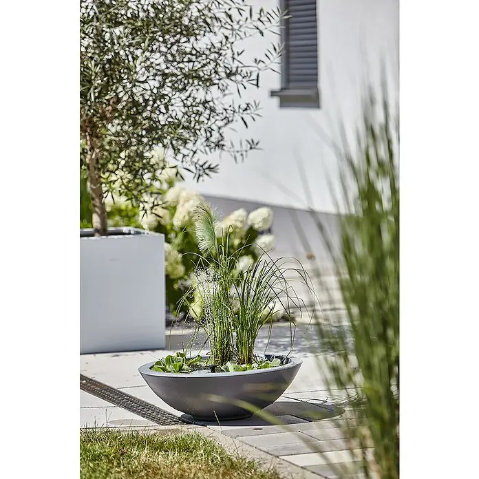 Heissner Zierbrunnen Solar Wassergarten Lotusgarden - Anthrazit, L x B x H: 58 x 58 x 19 cm - Dunkelgraue, schalenförmige Wasserschale mit üppigen Grünpflanzen und einem sprudelnden Brunnen auf einer modernen Terrasse.
