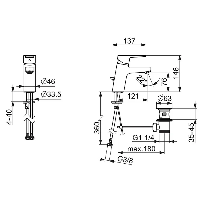 Hansa Twist Waschtischarmatur - Mit Zugstange, Chrom, Glänzend, Mit flexiblen Anschlussschläuchen - Technisches Maßbild eines Badarmatur mit Abflussgarnitur, zeigt Einhebelmischer und Ablaufventil.
