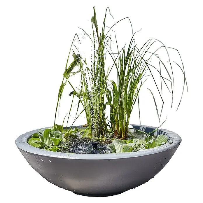 Heissner Zierbrunnen Solar Wassergarten Lotusgarden - Anthrazit, L x B x H: 58 x 58 x 19 cm - Graues schalenförmiges Wasserspiel mit Wasserpflanzen und kleiner sprudelnder Fontäne.