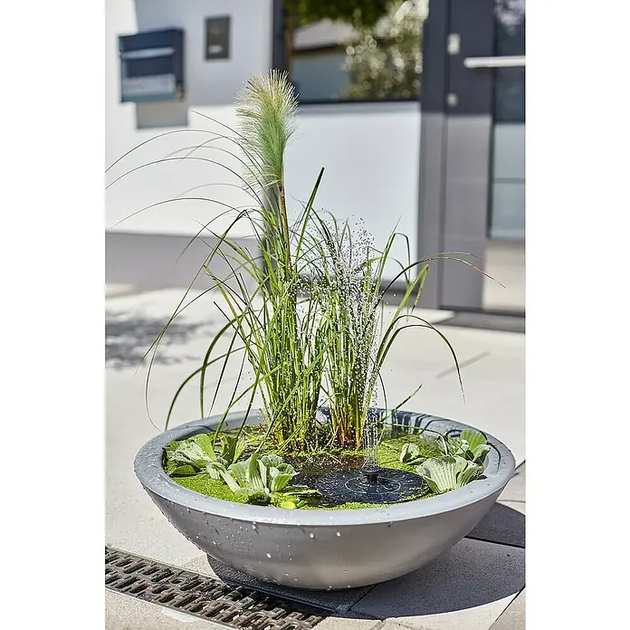 Heissner Zierbrunnen Solar Wassergarten Lotusgarden - Anthrazit, L x B x H: 58 x 58 x 19 cm - Graue Pflanzschale mit Solarbrunnen und verschiedenen Wasserpflanzen, als kleine Gartenteichanlage.