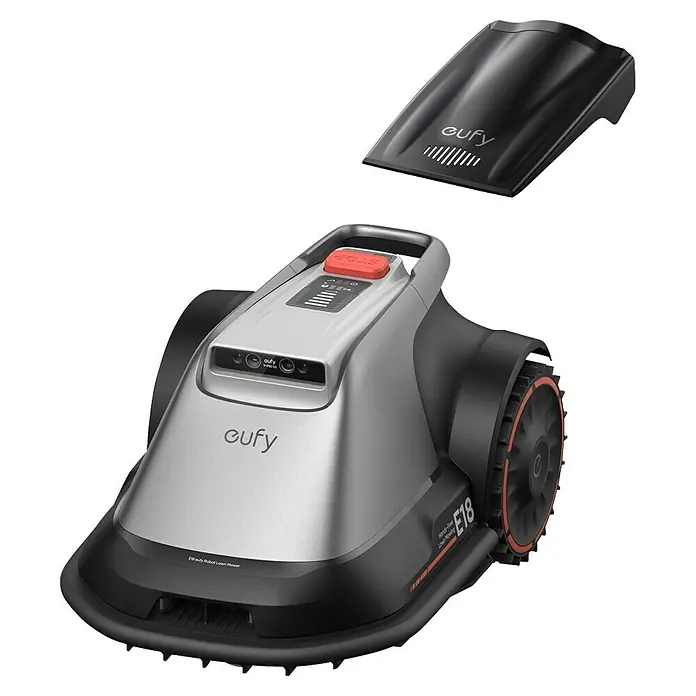 Eufy Mähroboter-Set E18 inkl. Garage - 1.200 m², Schnittbreite: 20,3 cm, Kamera-gestützte Navigation, GPS - Eufy E18 Mähroboter in Silber und Schwarz mit separater schwarzer Abdeckung, robusten Rädern und Bedienfeld.