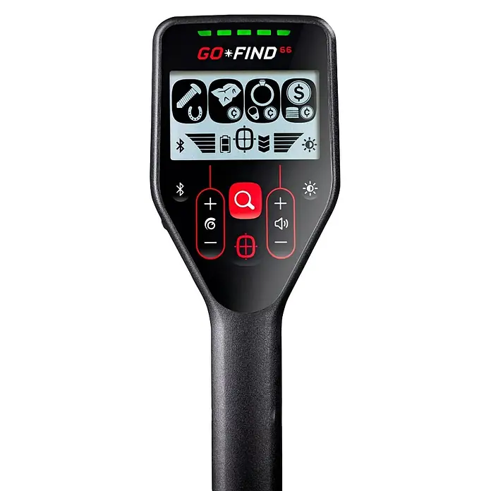Minelab Metalldetektor GO-FIND 66 U-Light - L x B x H: 160 x 230 x 1.300 mm - Schwarze, matte Steuereinheit eines Metalldetektors mit Digitalanzeige für Suchsymbole, Signalstärke und rot beleuchteten Bedientasten.