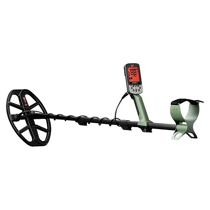 Minelab Metalldetektor X-TERRA PRO - 3,7 V, 1 Akku, 5.100 mAh, L x B x H: 230 x 310 x 1.380 mm - Minelab X-TERRA PRO Metalldetektor mit schwarzer V12X Suchspule, olivgrüner Armlehne und digitaler Steuerung.