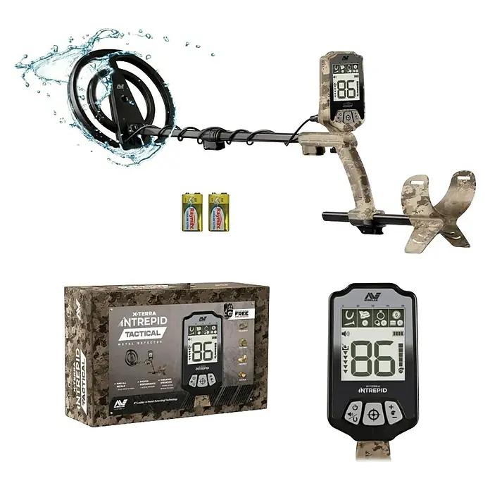 Minelab Metalldetektor X-TERRA Intrepid Tactical - L x B x H: 260 x 260 x 1.400 mm - Minelab X-Terra Intrepid Tactical Metalldetektor-Komponenten: Steuereinheit, Suchspule, Armlehne, Karton, Batterien.