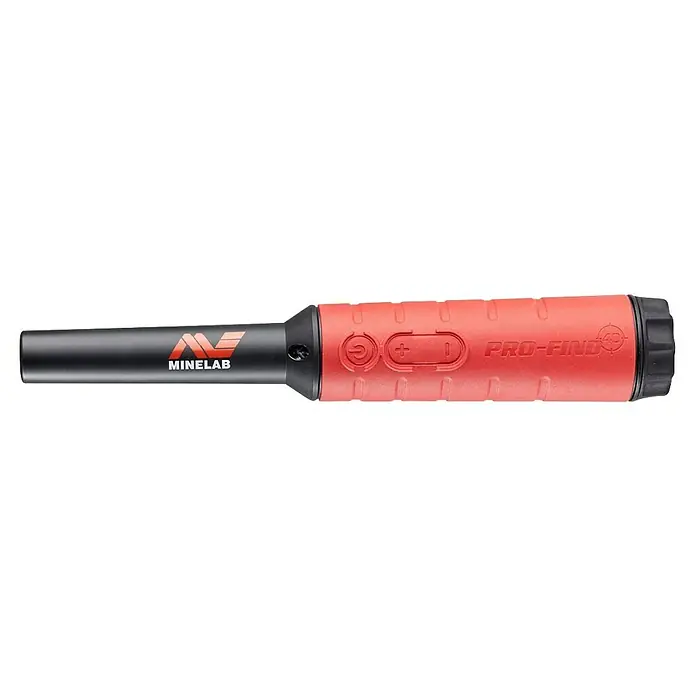 Minelab Metalldetektor PRO-FIND 40 Pinpoint - L x B x H: 50 x 50 x 250 mm - Minelab PRO-FIND 40 Pinpointer-Metalldetektor, schwarz mit rotem/orangem Griff und Bedientasten.