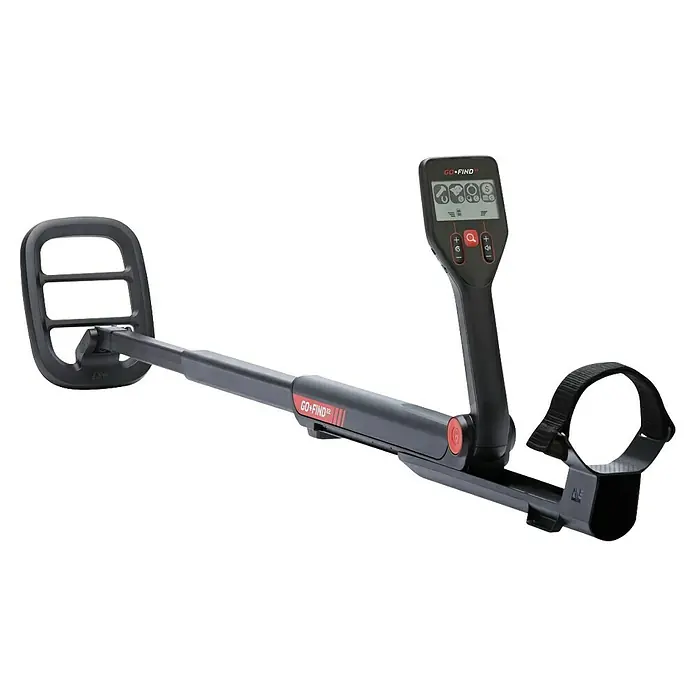 Minelab Metalldetektor GO-FIND 22 U-Light - L x B x H: 130 x 210 x 1.300 mm - Dunkelgrauer Metalldetektor mit Suchspule, verstellbarem Schaft, Bedieneinheit und Armlehne. Rote Akzente an Tasten und Branding.