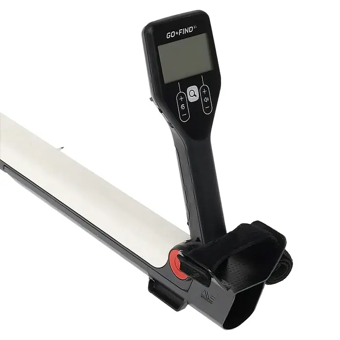 Minelab Metalldetektor GO-FIND 11 U-Light - L x B x H: 130 x 210 x 1.300 mm - Schwarz-weißer faltbarer Metalldetektor mit Digitalanzeige, Bedientasten und Armstütze.