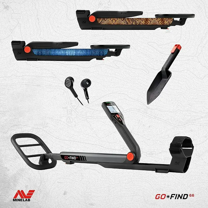 Minelab Metalldetektor GO-FIND 66 U-Light - L x B x H: 160 x 230 x 1.300 mm - Minelab Go-Find 66 Metalldetektor in Schwarz-Grau, mit Kopfhörern, Grabwerkzeug und zwei Dekorfolien (blau Krokodil, braun Schlangenhaut).
