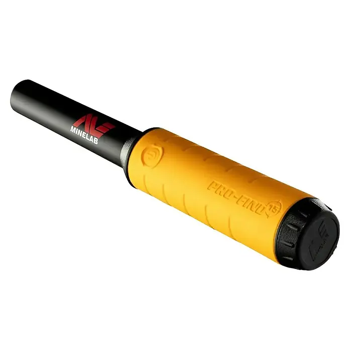 Minelab Metalldetektor PRO-FIND 15 Pinpoint - L x B x H: 50 x 50 x 250 mm - Schwarz-gelber Minelab PRO-FIND 15 Pinpointer-Metalldetektor mit strukturiertem gelbem Griff, mit Markenlogo und Modellnummer.