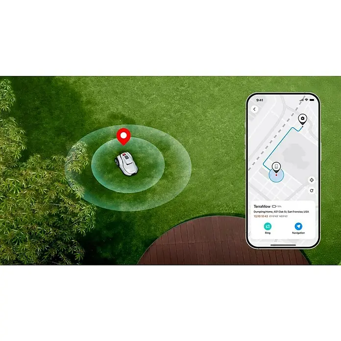 Terramow Mähroboter-Set V1000 inkl. Garage - 1.200 m², Schnittbreite: 20,3 cm, Kamera-gestützte Navigation - Ein weißer Rasenroboter auf grünem Rasen, über eine Smartphone-App mit roter Stecknadel als Standort verfolgt.