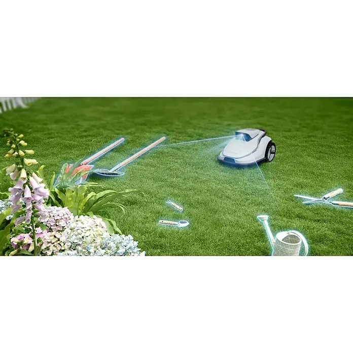 Terramow Mähroboter-Set V1000 inkl. Garage - 1.200 m², Schnittbreite: 20,3 cm, Kamera-gestützte Navigation - Ein weißer Mähroboter in einem Garten, umgeben von leuchtenden smarten Gartengeräten, die durch blaue Linien verbunden sind.