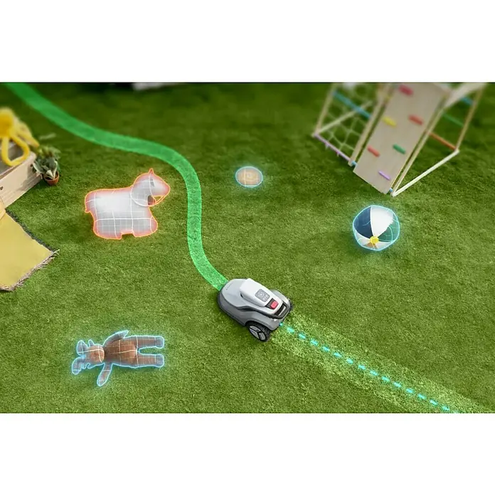 Terramow Mähroboter-Set V1000 inkl. Garage - 1.200 m², Schnittbreite: 20,3 cm, Kamera-gestützte Navigation - Ein grau-weißer Mähroboter navigiert auf grünem Rasen, folgt einem Pfad und erkennt leuchtende Hindernisse wie Spielzeug und einen Ball.
