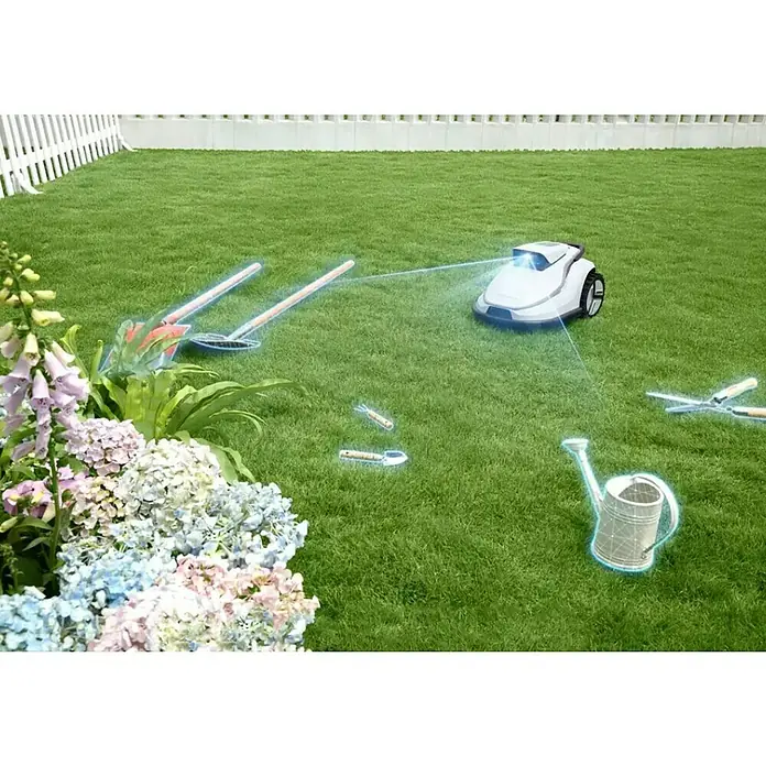 Terramow Mähroboter-Set V600 inkl. Garage - 600 m², Schnittbreite: 20,3 cm, Kamera-gestützte Navigation - Rasenmähroboter erkennt leuchtende Gartengeräte im Garten.