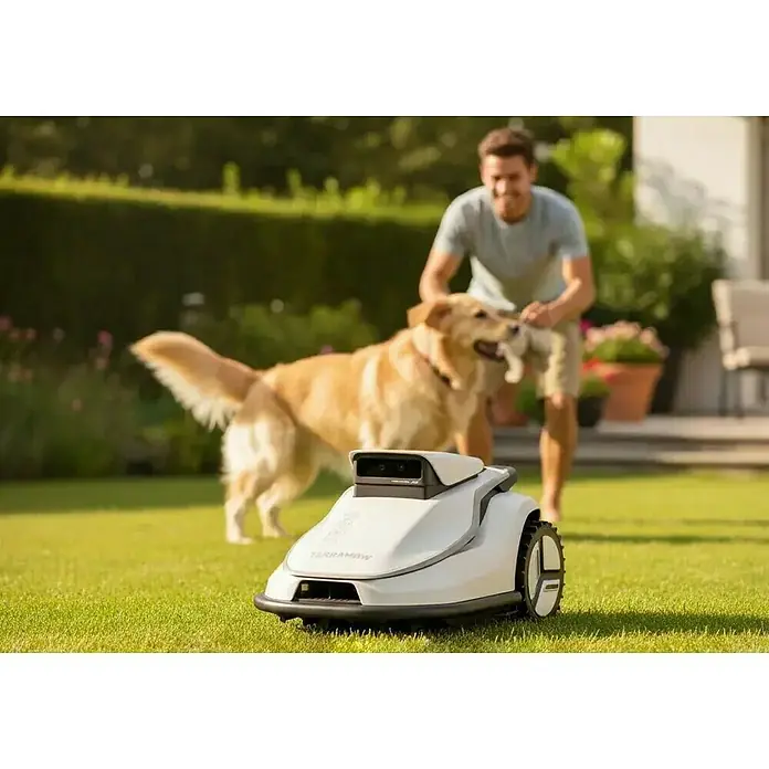 Terramow Mähroboter-Set V600 inkl. Garage - 600 m², Schnittbreite: 20,3 cm, Kamera-gestützte Navigation - Eleganter weiß-grauer Mähroboter.