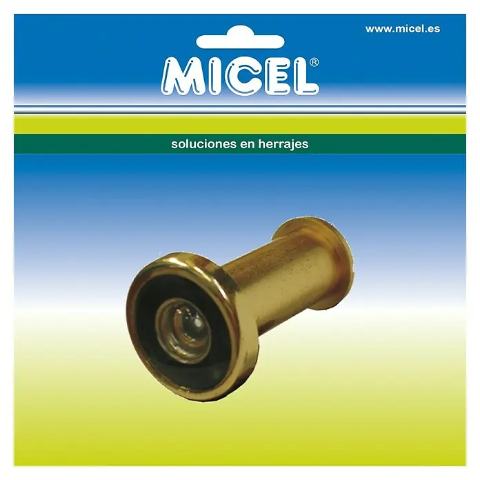 Micel Mirilla MR01 - 180 °, Grosor de la puerta: 35 mm - 60 mm, Latón - Mirilla dorada de latón con aro de lente negro.