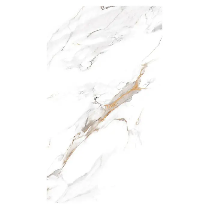 Suelo vinílico SPC Calacatta Gold - 94 cm x 47 cm x 5 mm, Baldosa, Blanco - Azulejo de mármol blanco con vetas doradas y grises finas.