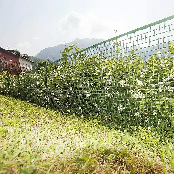 Tenax Malla protectora Quadra 20 - L x Al: 5 x 1 m, Verde - Valla de malla de plástico verde que soporta plantas trepadoras de flores blancas, con casa y montañas.