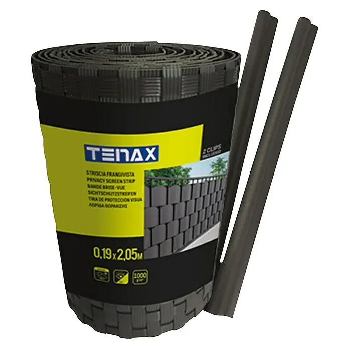 Tenax Malla de ocultación Flexi - 205 x 19 cm, Antracita - Rollo de tira de privacidad tejida gris oscuro con etiqueta y dos varillas de soporte grises.