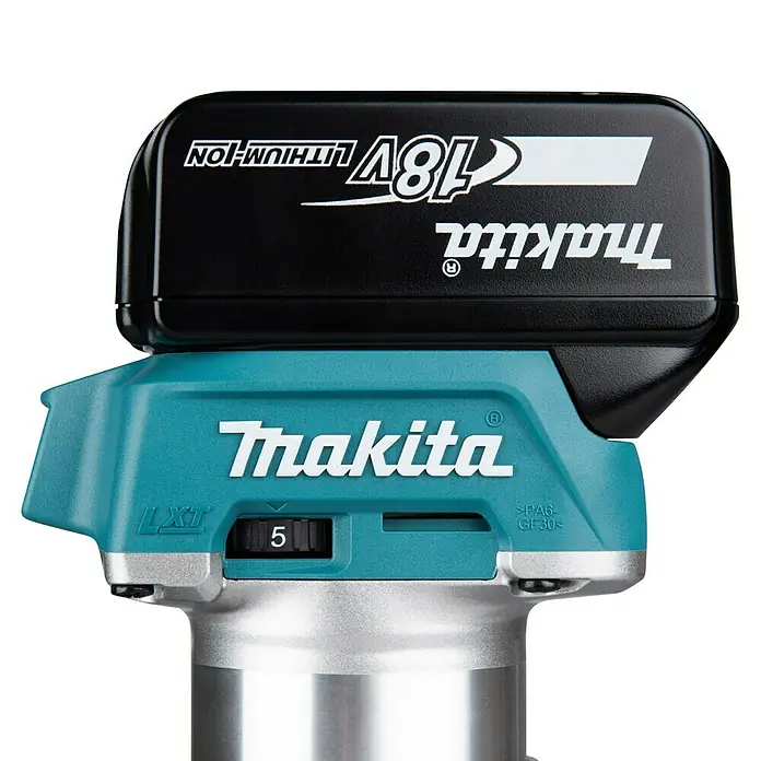Makita LXT 18V Akku-Multifunktionsfräse DRT50ZJX2 - 18 V, Ohne Akku, Leerlaufdrehzahl: 10.000 U/min - 30.000 U/min - Makita 18V Lithium-Ionen Akku (schwarz) auf einem türkisen Elektrowerkzeug mit silbernem Sockel und Einstellrad auf 5.