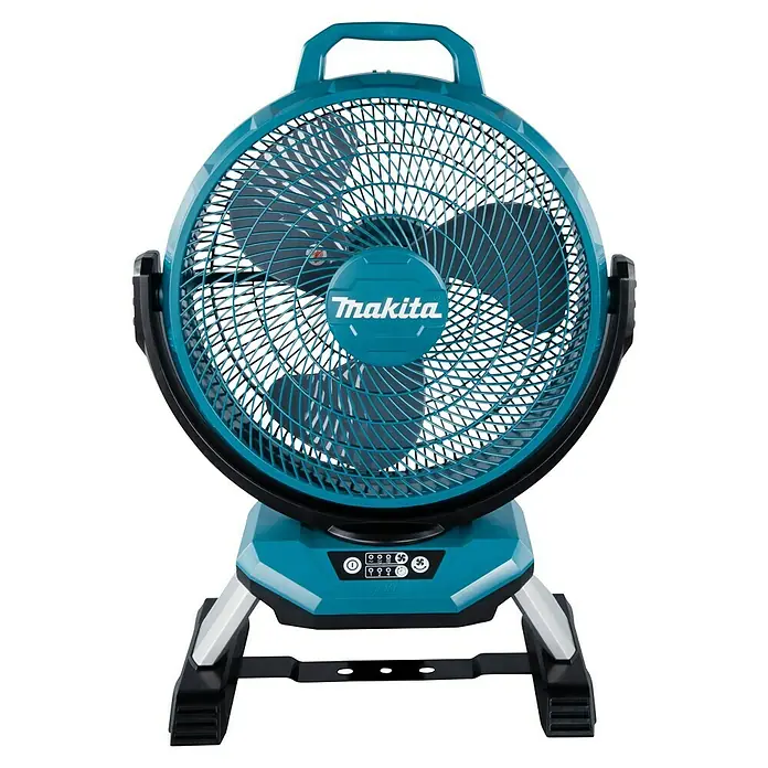 Makita LXT 18V Akku-Ventilator DCF301Z - 18 V, Ohne Akku - Türkisfarbener und schwarzer Makita-Ventilator mit Griff und stabilem Standfuß.