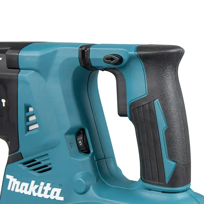 Makita LXT 18V Akku-Kombihammer DHR281ZJ - 36 V, Ohne Akku, 2,8 J - Nahaufnahme eines türkis-schwarzen Makita Bohrhammers mit ergonomischem Griff, Abzug und Drehzahlregler.