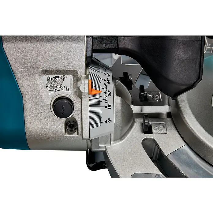 Makita Kapp- & Gehrungssäge LS1219L - 1.800 W, Durchmesser Sägeblatt: 305 mm, Leerlaufdrehzahl: 0 U/min - 3.200 U/min - Detail des silbergrauen Gehäuses einer Gehrungssäge mit Winkeleinstellung und orangefarbenem Zeiger zwischen 22,5° und 30°.