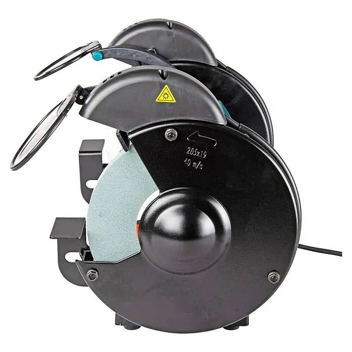Makita Elektro-Doppelschleifer GB801 - 550 W, 2.850 U/min - Schwarzer Doppelschleifer mit grauer Schleifscheibe und transparenten Schutzschildern, mit Spezifikationen 205x19, 40 m/s.