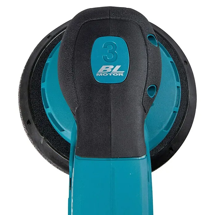 Makita XGT 40V max. Akku-Exzenterschleifer BO004CGZ - 40 V, Ohne Akku, Durchmesser Schleifteller: 150 mm - Schwarzer und türkiser Exzenterschleifer mit '3 BL MOTOR' Schriftzug oben.