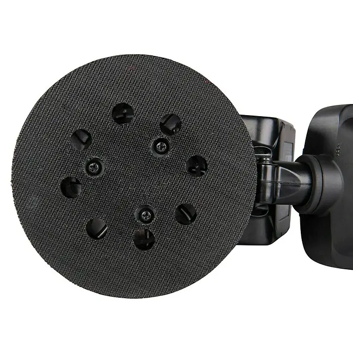 Makita LXT 18V Lijadora excéntrica de batería DBO180RTJ -  - Plato de lijado circular negro para lijadora orbital, con superficie texturizada de velcro, agujeros de extracción de polvo y tornillos.