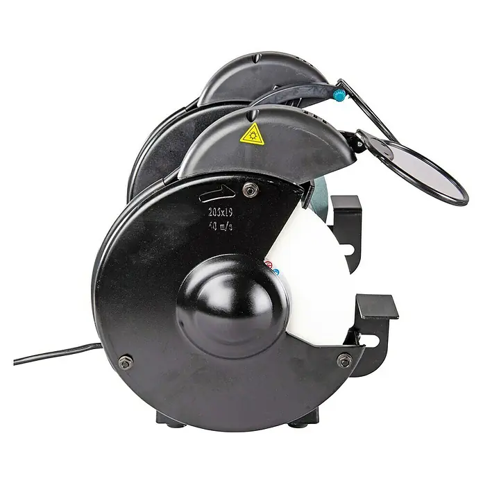 Makita Elektro-Doppelschleifer GB801 - 550 W, 2.850 U/min - Schwarzer Doppelschleifer mit zwei Schleifscheiben und klaren Schutzhauben.