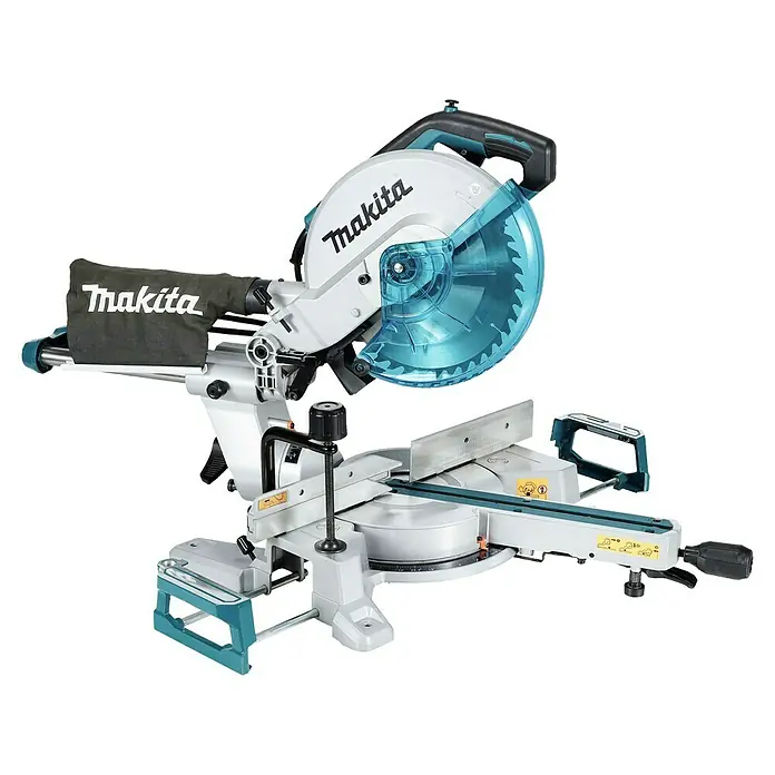 Makita Kapp- & Gehrungssäge LS1110F - 1.400 W, Durchmesser Sägeblatt: 260 mm, Leerlaufdrehzahl: 4.500 U/min - Makita Kappsäge mit silbernem Gehäuse, schwarzem Griff und türkiser Sägeblattabdeckung, bereit für präzise Schnitte.