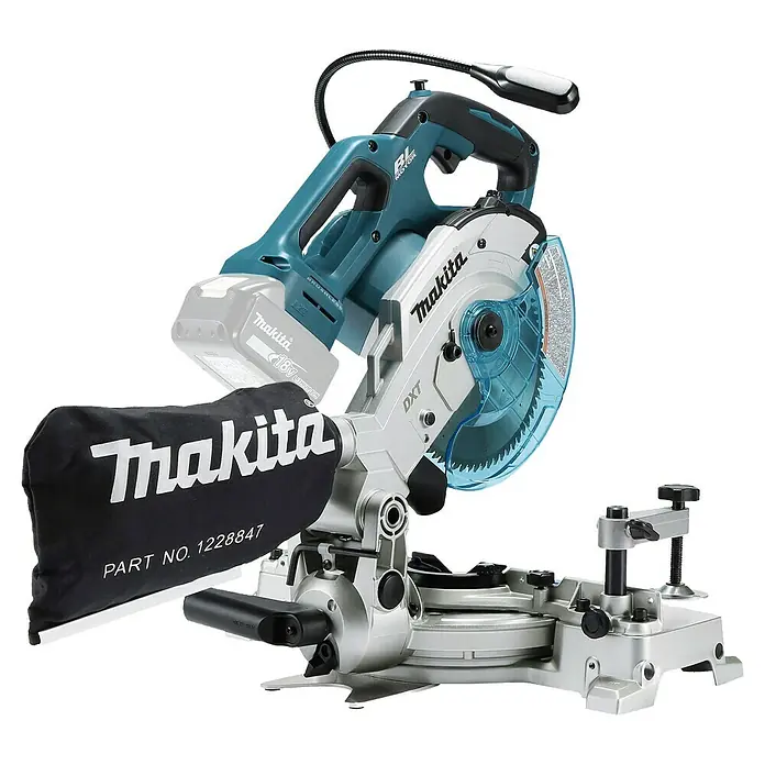 Makita LXT 18V Akku-Kapp- & Gehrungssäge DLS600Z - 18 V, Ohne Akku, Leerlaufdrehzahl: 5.000 U/min - Makita Akku-Kappsäge in Türkis und Silber mit schwarzem Staubfangbeutel und transparent blauem Sägeblattschutz.