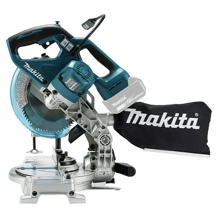 Makita LXT 18V Akku-Kapp- & Gehrungssäge DLS600Z - 18 V, Ohne Akku, Leerlaufdrehzahl: 5.000 U/min - Makita 18V Akku-Kappsäge mit türkisfarbenem und schwarzem Gehäuse, silberner Basis und angebrachtem schwarzen Staubsack.