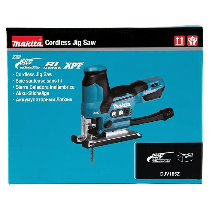 Makita LXT 18V Akku-Pendelhubstichsäge DJV185Z - 18 V, Ohne Akku, Leerlaufhubzahl: 800 /min - 3.000 /min - Türkise und schwarze Makita 18V LXT Akku-Stichsäge mit bürstenlosem Motor, Modell DJV185Z, in ihrer Verpackung.